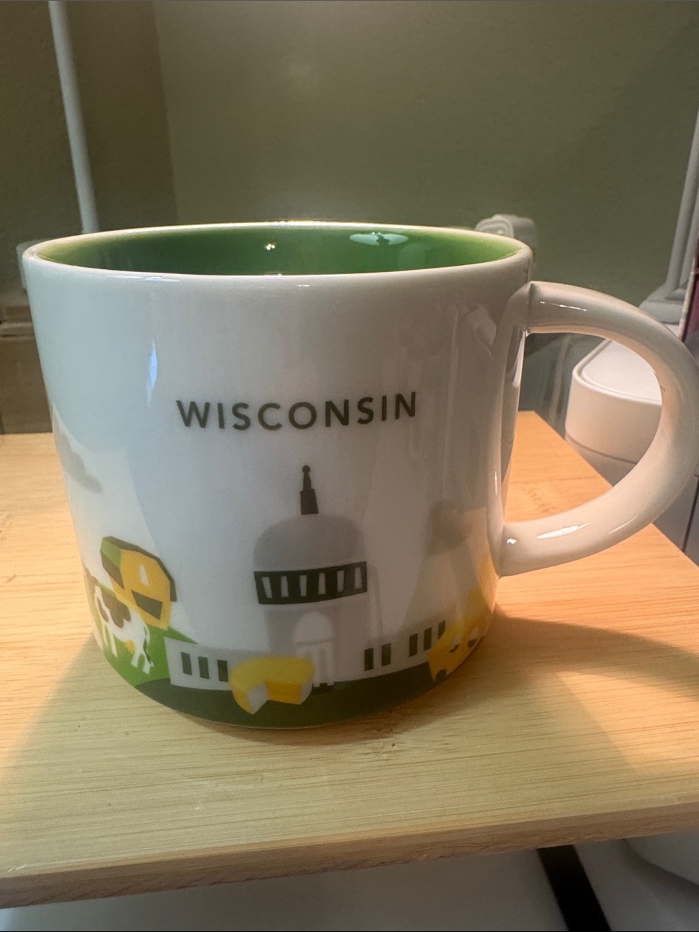 Starbucks White Mug with Green Interior and Gold Accents - Wisconsin Design